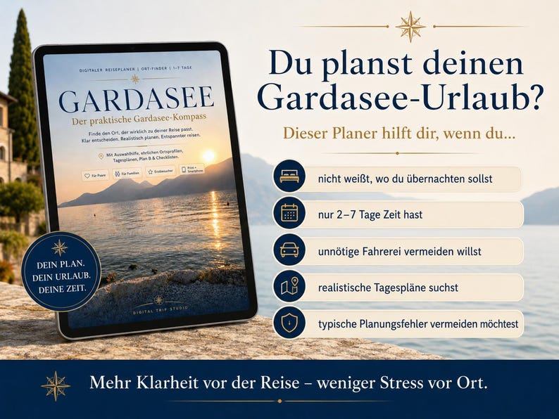 May include: A digital tablet displaying a Lake Garda travel planner guide. The screen shows a sunset over the lake with the title GARDASEE and text in German. To the right, a list of travel planning benefits is presented with icons.