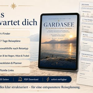 May include: A digital travel planner for Lake Garda displayed on a tablet screen, featuring a sunset landscape photo and the title Gardasee. The planner includes sections for location finding, 1-7 day itineraries, travel type selection, rain plans, checklists, and official links.