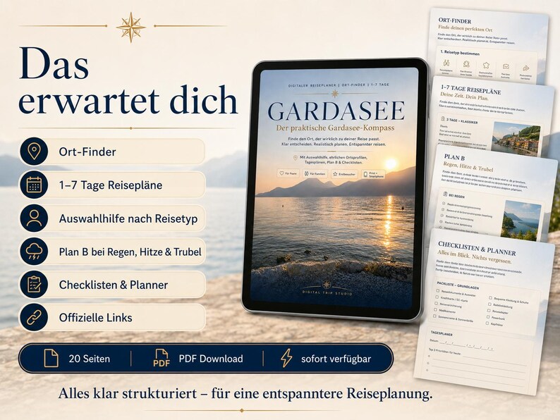 May include: A digital travel planner for Lake Garda displayed on a tablet screen, featuring a sunset landscape photo and the title Gardasee. The planner includes sections for location finding, 1-7 day itineraries, travel type selection, rain plans, checklists, and official links.