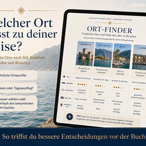 May include: A digital travel planner displayed on a tablet screen titled Ort-Finder, featuring a comparison chart for Lake Garda locations including Sirmione, Malcesine, Riva, and Lazise, with text in German detailing travel styles and preferences.