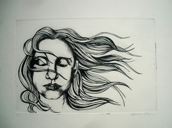 Intaglio Print Of A Woman S Face With Long Flowing Hair Etsy