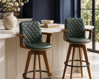 Mid-Century Modern Swivel Bar Stools, Walnut Wood, Quilted Faux Leather, Armrests