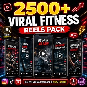 May include: A digital product advertisement for a 2500+ Viral Fitness Reels Pack. The graphic features five smartphones displaying fitness-themed video content with motivational text, social media icons, and neon lighting effects on a dark background.