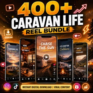 Peut inclure: Un ensemble de produits numériques montrant cinq smartphones affichant du contenu vidéo sur la vie en caravane. Le texte 400+ CARAVAN LIFE REEL BUNDLE figure en haut, avec INSTANT DIGITAL DOWNLOAD | VIRAL CONTENT indiqué en bas.