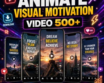 以下が含まれることがあります： DREAM BELIEVE ACHIEVE、FOCUS PLAN EXECUTE REPEAT、NO RISK NO STORYなどの感動的なテキストを表示するスマートフォンを特徴とする500以上のモチベーションビデオのデジタルコレクション。夕日、山、都市の背景が特徴です。