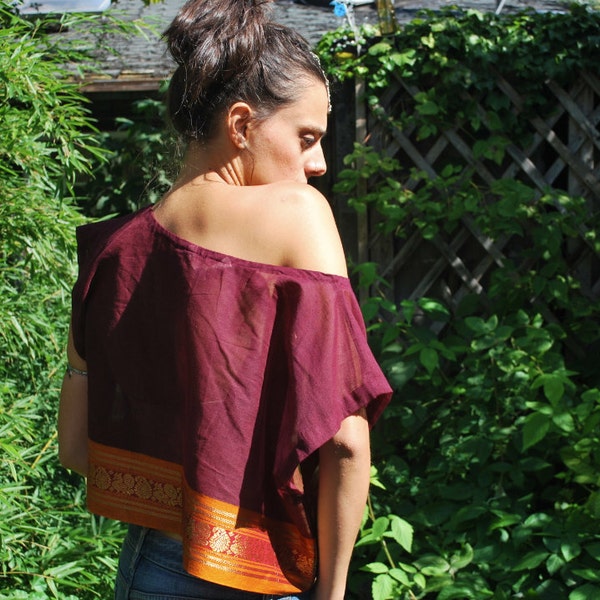 NEW SARI BLOUSE, Women's Off-Shoulder Sheer Cotton Top with Sari border, India, Gypsy, bohemian