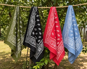 Pack of 4 XL Hand Print Cotton Bandana, 26 x 26 Inch Head Scarf, Handmade Indian Bandana, Unisex Western Biker Bandana