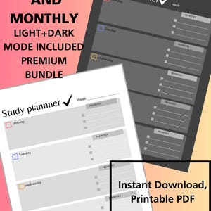 Op de afbeelding: Een 3-in-1 studieplannerbundel met printbare PDF-sjablonen in lichte en donkere modus. De pagina's bevatten secties voor de dagen van de week, van maandag tot donderdag, met selectievakjes en speciale ruimtes voor prioriteiten en weekdoelen.