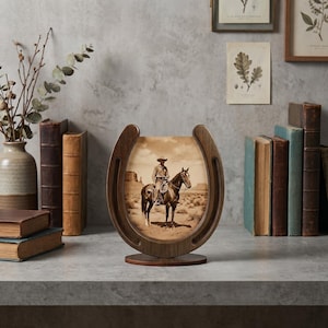 May include: A dark brown wooden picture frame shaped like a horseshoe, featuring a sepia-toned photograph of a cowboy on horseback in a desert landscape. The frame has a smooth finish and stands upright on a circular base, displaying a western scene.