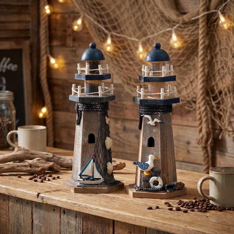 May include: Two decorative wooden lighthouse figurines featuring dark blue tops, white railings, and nautical accents. One lighthouse displays a miniature sailboat and fishing net, while the other features a seagull, a life ring, and a flying bird.