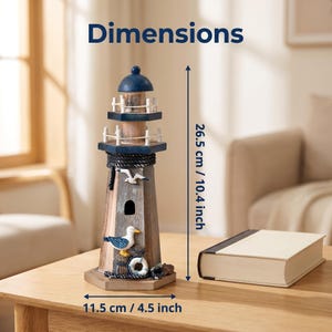 May include: A wooden lighthouse figurine with a blue dome, white railings, and nautical accents including seagulls and a life ring. It measures 10.4 inches in height and 4.5 inches in width, featuring a weathered brown finish and a small arched window.