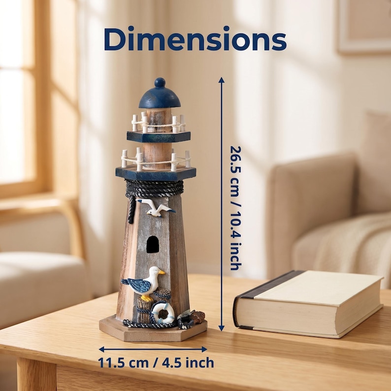 May include: A wooden lighthouse figurine with a blue dome, white railings, and nautical accents including seagulls and a life ring. It measures 10.4 inches in height and 4.5 inches in width, featuring a weathered brown finish and a small arched window.