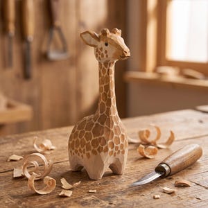 May include: A hand-carved wooden giraffe figurine featuring a light tan body with darker brown patches. The sculpture displays visible chisel marks and a smooth finish, standing upright with a long neck and small ossicones on its head.