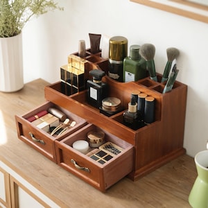 Solid Wood Makeup Organizer, Vintage Vanity Storage Box, Rustic Drawers, Farmhouse Desk Caddy