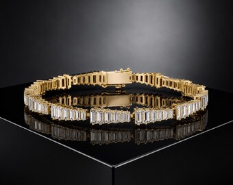 14k Gold Tennis Bracelet, Baguette Cut CZ Crystal Diamond Link Bracelet, Elegant Bridal Wedding Jewelry, Luxury Anniversary Gift for Wife
