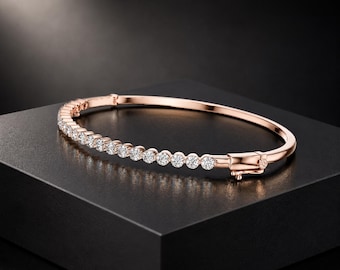 Elegant 14K Pink Gold Diamond Tennis Bangle Bracelet | Half Eternity Round Cut Moissanite Link | Dainty Luxury Gift Her