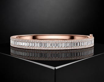 Pink Gold Baguette Diamond Bangle Bracelet, 18k Solid Half Eternity Jewelry, Elegant Luxury Wedding Gift For Her, Fine Sparkle