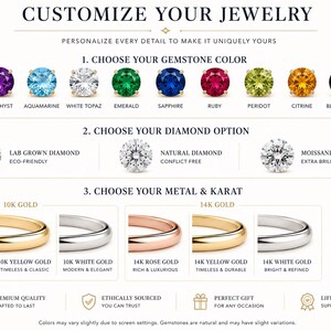 May include: A jewelry customization guide displaying gemstone options including garnet, amethyst, aquamarine, white topaz, emerald, sapphire, ruby, peridot, citrine, black onyx, and blue topaz. It lists diamond choices and metal types like 10k and 14k gold.