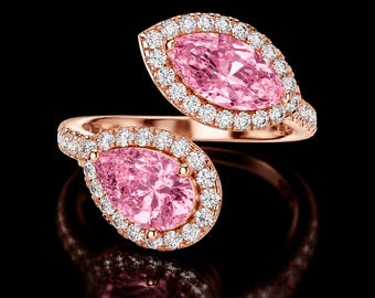 Rose Gold Pink Ring, Marquise Pear Bypass Ring, Sapphire Crystal Halo Luxury Statement Engagement Anniversary Gift for Her