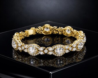 14k Gold Vintage Bracelet, Oval Halo Crystal Link Bracelet, Ornate Bridal Wedding Jewelry, Luxury Art Deco Anniversary Gift for Wife