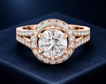 14K Rose Gold Double Halo Diamond Engagement Ring, Round Cut Split Shank Wedding Band, Sparkling Lab Grown Anniversary Jewelry