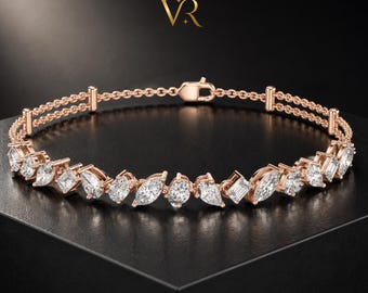 Multi-Cut Lab Grown Diamond Charm Link Bracelet: Dual Chain 14k Gold