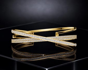 Elegant Crisscross Gold Bangle, Pave Diamond Triple Row Cuff Bracelet, Modern Intertwined Statement Jewelry Gift for Her