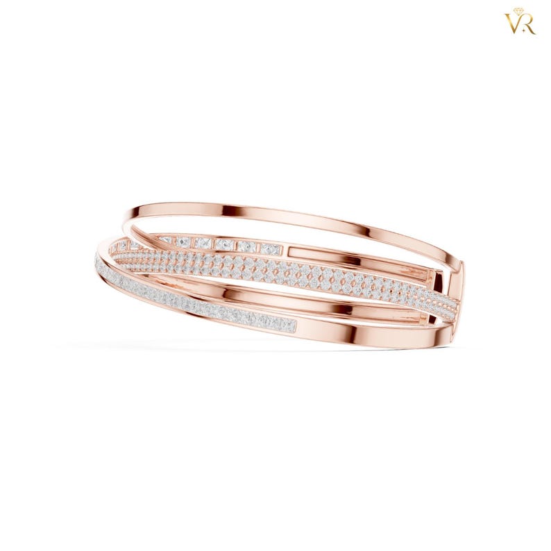 Elegant Crisscross Gold Bangle, Pave Diamond Triple Row Cuff Bracelet, Modern Intertwined Statement Jewelry Gift for Her image 6