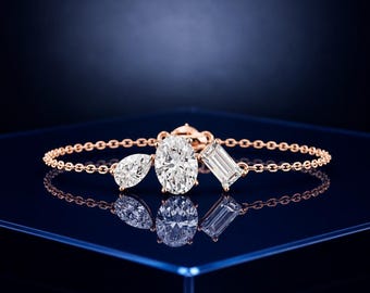 Rose Gold Three Stone Bracelet, Oval Cut Crystal Charm Chain Bracelet, Dainty Diamond Bridal Wedding Jewelry, Birthday Gift for Her