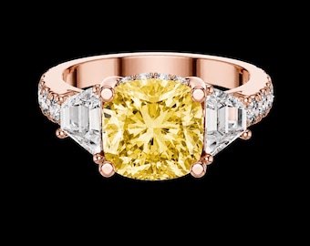 Cushion Cut Fancy Yellow Diamond Engagement Ring, 14K Rose Gold Three Stone Trilogy Band, Lab Grown Anniversary Gift for Her