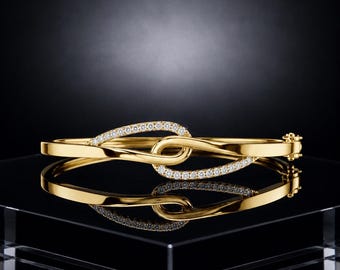 18K Yellow Gold Infinity Knot Diamond Bangle Bracelet - Elegant Handcrafted Luxury Gift for Her - Minimalist Pave Cuff Jewelry