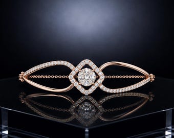 Dainty Rose Gold Diamond Bangle: Minimalist Halo Moissanite Cuff, Elegant Geometric Jewelry Gift for Her, Anniversary Bracelet