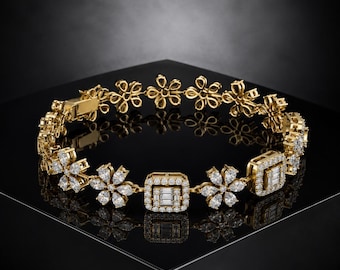 14k Gold Flower Bracelet, Art Deco Emerald Shape Crystal Link Bracelet, Ornate Floral Bridal Wedding Jewelry, Vintage Gift for Wife