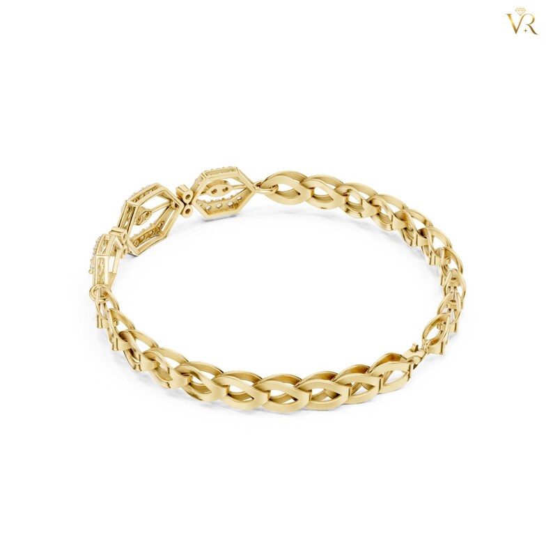 May include: A yellow gold bracelet featuring a series of interconnected oval links that form a continuous chain. The design includes two distinct hexagonal-shaped links positioned at the top, each accented with small, clear, sparkling stones.