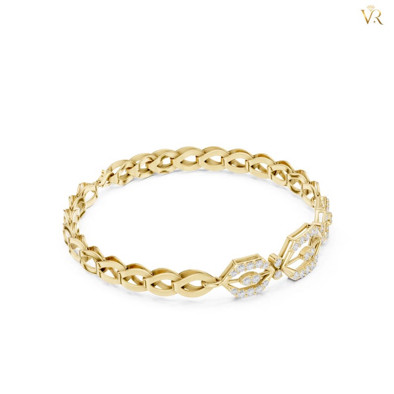Classic Hexagon Tennis Bracelet, 14K Yellow Gold Pave Diamond Open Link Luxury Jewelry, Modern Geometric Statement Gift for Her image 4