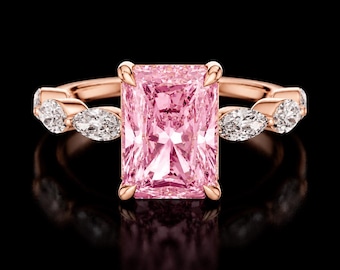 Rose Gold Pink Ring, Radiant Cut Pink Sapphire Engagement, Marquise Diamond Wedding Band, Luxury Anniversary Promise Gift for Her