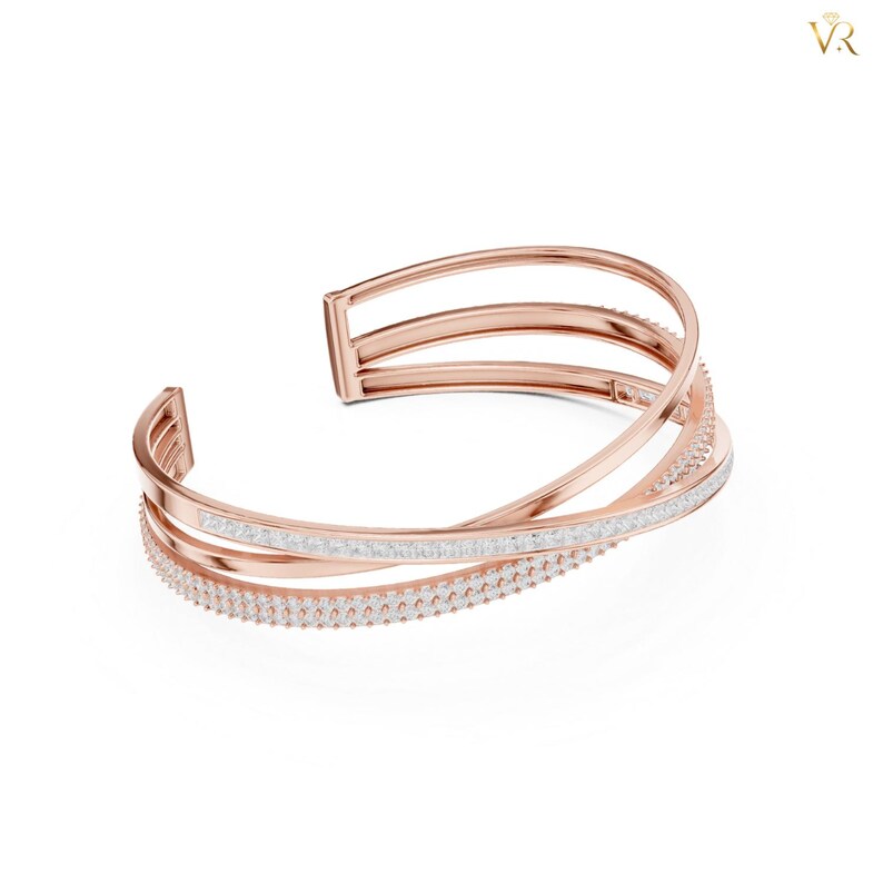 Elegant Crisscross Gold Bangle, Pave Diamond Triple Row Cuff Bracelet, Modern Intertwined Statement Jewelry Gift for Her image 4