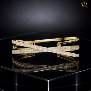 Elegant Crisscross Gold Bangle, Pave Diamond Triple Row Cuff Bracelet, Modern Intertwined Statement Jewelry Gift for Her image 1