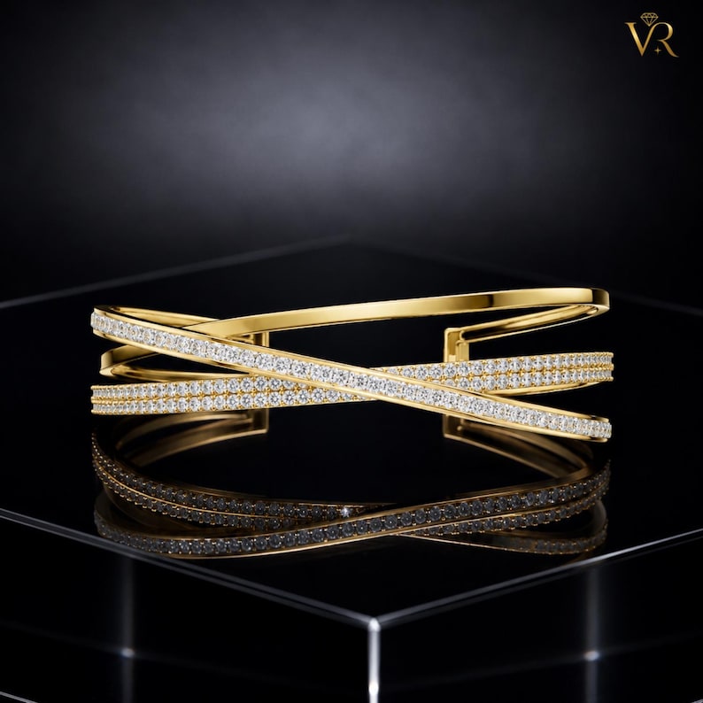 Elegant Crisscross Gold Bangle, Pave Diamond Triple Row Cuff Bracelet, Modern Intertwined Statement Jewelry Gift for Her image 1