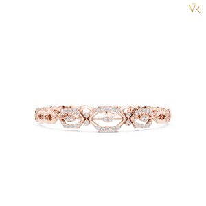 May include: A rose gold bracelet featuring a series of interconnected geometric links. Each link is encrusted with small, clear, round-cut stones. The design consists of repeating hexagonal and diamond-shaped frames, creating a continuous, symmetrical pattern throughout the entire length of the piece.