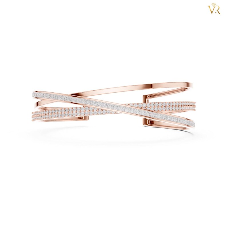 Elegant Crisscross Gold Bangle, Pave Diamond Triple Row Cuff Bracelet, Modern Intertwined Statement Jewelry Gift for Her image 3