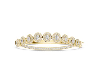 14K Yellow Gold Finish Oval Diamond Bangle, Multi Stone Halo Tennis Bracelet, Unique Anniversary Gift for Her, Festive Jewelry