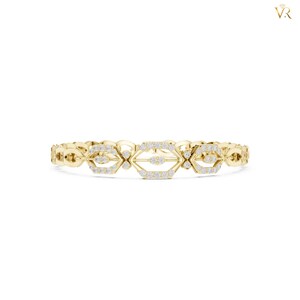 May include: A yellow gold bracelet featuring a series of repeating geometric links. Each link is shaped like an elongated hexagon and is encrusted with small, clear, round-cut stones. The metal has a polished finish, creating a reflective surface.