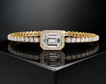 Emerald Cut Diamond Tennis Bracelet 14k Gold Halo Statement Jewelry For Women Anniversary Gift Bridal