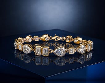 14k Gold Multi Cut Bracelet, Emerald Pear Square Crystal Link Bracelet, Geometric Bridal Wedding Jewelry, Luxury Anniversary Gift for Wife