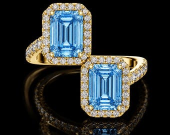 Doves Doron Paloma 18k Yellow Gold Sky Blue Topaz Bypass Ring, Emerald Cut Double Stone Diamond Halo Statement Jewelry Gift