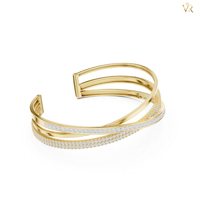 Elegant Crisscross Gold Bangle, Pave Diamond Triple Row Cuff Bracelet, Modern Intertwined Statement Jewelry Gift for Her image 12