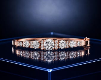 14K Rose Gold Graduated Diamond Bangle, Elegant Five Stone Anniversary Bracelet, Luxury Bridal Gift, Timeless Jewelry