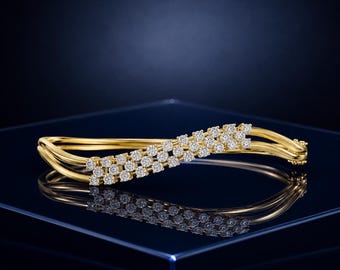 14k Gold Wave Bangle, Three Row Crystal Diamond Bracelet, Elegant Bridal Wedding Jewelry, Luxury Anniversary Gift for Her