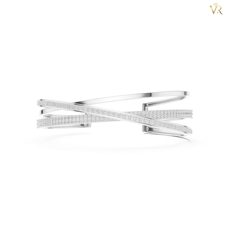 Elegant Crisscross Gold Bangle, Pave Diamond Triple Row Cuff Bracelet, Modern Intertwined Statement Jewelry Gift for Her image 7